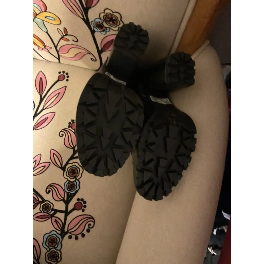 Schultz Zhara Black Lace Sherpa Stacked Lug Leather Boots 7 NEW $250 Moto Boho